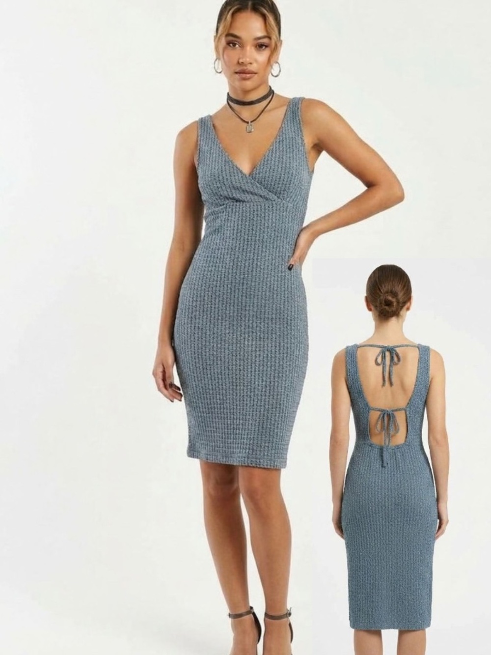 VTG 90s Alyn Paige Open Back Knit Dress Surplice V-Neck Slate Blue 5/6 Y2K